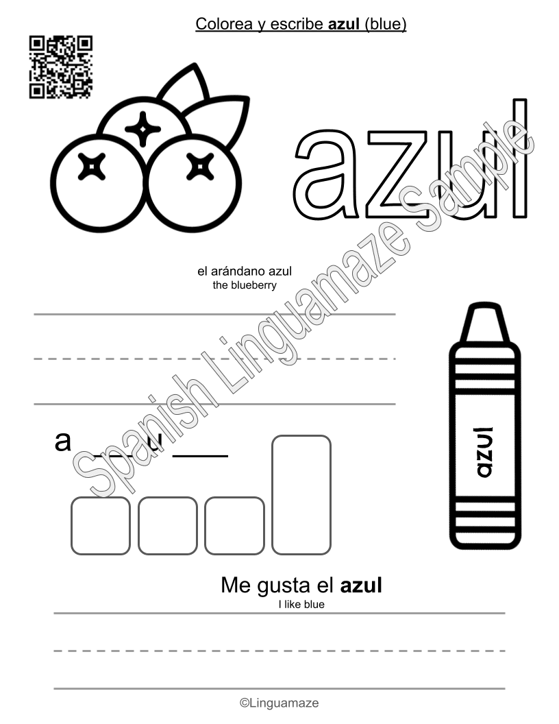 Sample preview page from Spanish Colors – Color Trace & Write - LinguaMaze worksheet
