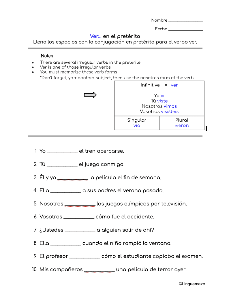 Ver Spanish preterite worksheet preview