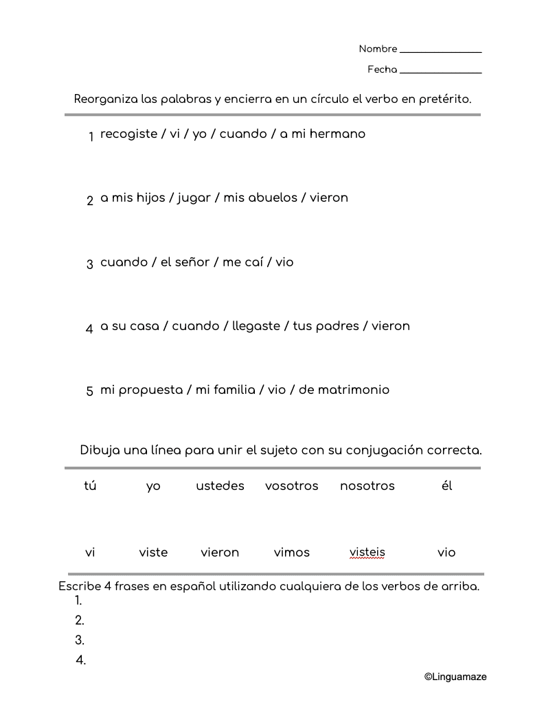 Sample preview page from Ver Irregular Spanish Preterite Verb - LinguaMaze worksheet