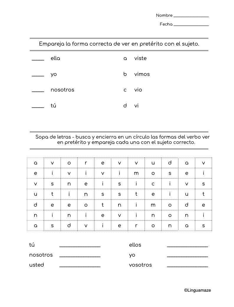 Sample preview page from Ver Irregular Spanish Preterite Verb - LinguaMaze worksheet
